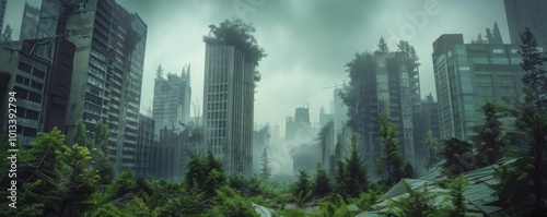 Abandoned metropolis in a dystopian future, overgrown with vegetation, polluted skies, 4K hyperrealistic photo