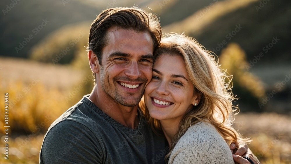 Romantic casual attire couple smiling and cuddling hugging on a sunny day background. Happy relationship love concept Romantic casual attire couple smiling and cuddling hugging on a sunny day background. Happy relationship love concept