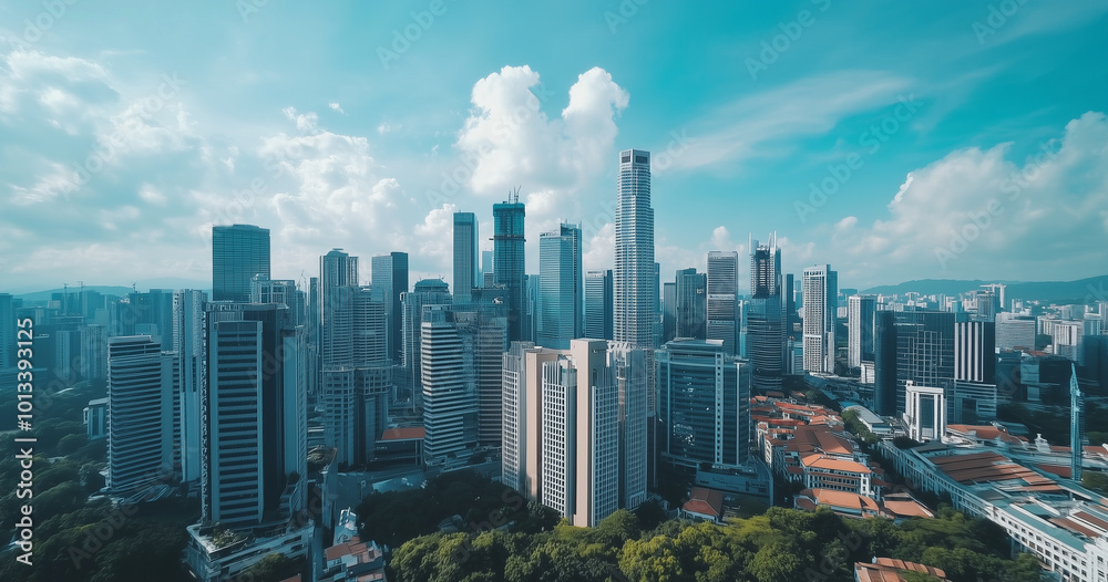 Fototapeta premium Aerial View of City Skyline and Skyscrapers Under Blue Sky and White Clouds