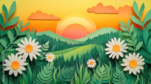 A vibrant morning scene featuring the sun rising over a hill embraced by lush forest and greenery with an expansive view of the landscape below
