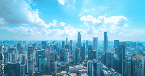 Aerial View of City Skyline and Skyscrapers Under Blue Sky and White Clouds
