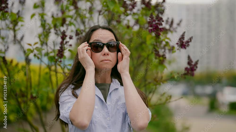 A woman in a shirt adjusts dark sunglasses against a background of green lilac bushes. Her calm expression reflects confidence, and the nature around her creates a peaceful atmosphere. A woman in a shirt adjusts dark sunglasses against a background of green lilac bushes. Her calm expression reflects confidence, and the nature around her creates a peaceful atmosphere.