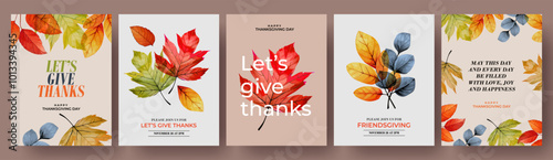 Happy Thanksgiving Day concept of card, cover, invitations set with beautiful bright autumn leaves. Modern Fall season art style design templates for celebration, ads, branding, banner, label, poster