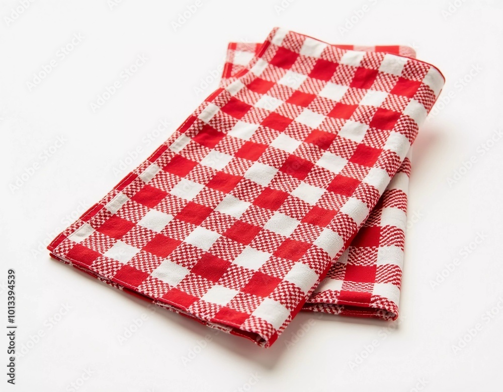 This red and white checkered kitchen towel is neatly folded and placed on a pristine countertop, inviting warmth and charm to the cooking area. Generative AI This red and white checkered kitchen towel is neatly folded and placed on a pristine countertop, inviting warmth and charm to the cooking area. Generative AI