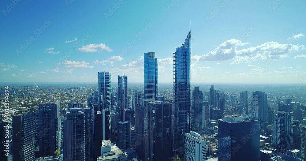 Fototapeta premium Aerial View of City Skyline and Skyscrapers Under Blue Sky and White Clouds