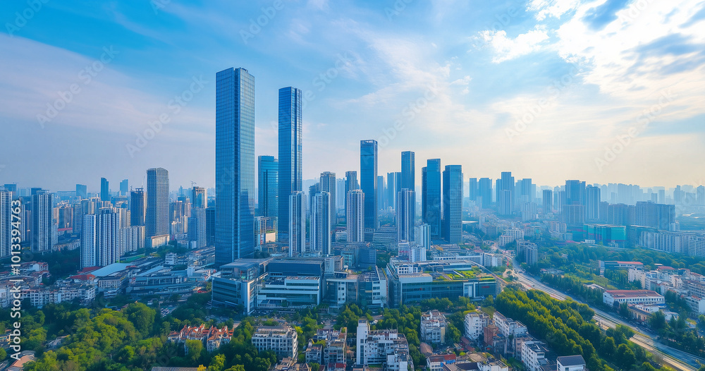 Fototapeta premium Aerial View of City Skyline and Skyscrapers Under Blue Sky and White Clouds