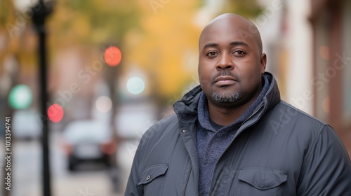 Man with a beard and gray hair is wearing a black jacket. He is standing on a sidewalk. urban portrait, 35 year old male slightly overweight african american, hip- shot, full body,