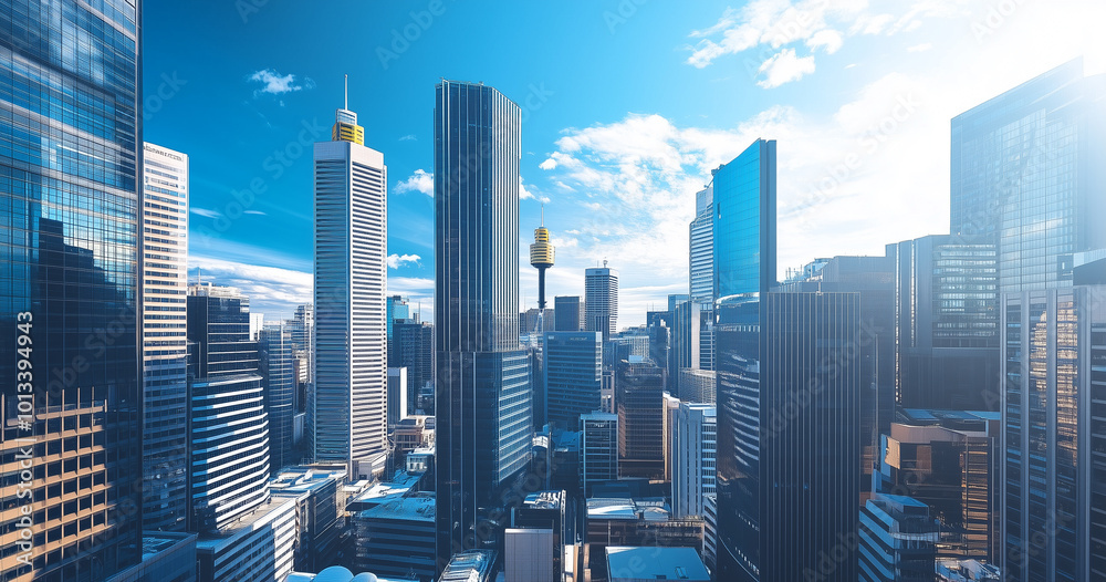 Fototapeta premium Aerial View of City Skyline and Skyscrapers Under Blue Sky and White Clouds