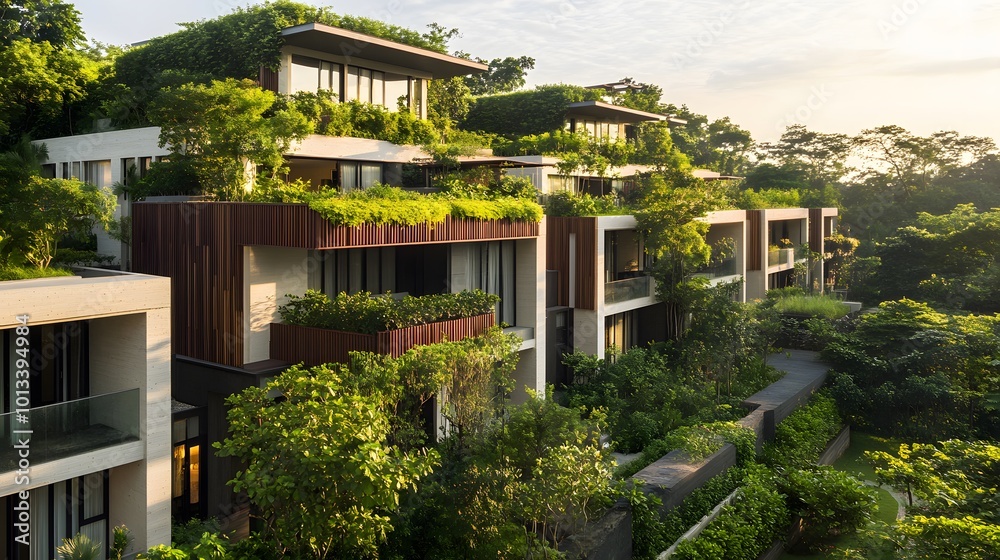 Lush green residential buildings with modern architecture and landscaping Lush green residential buildings with modern architecture and landscaping