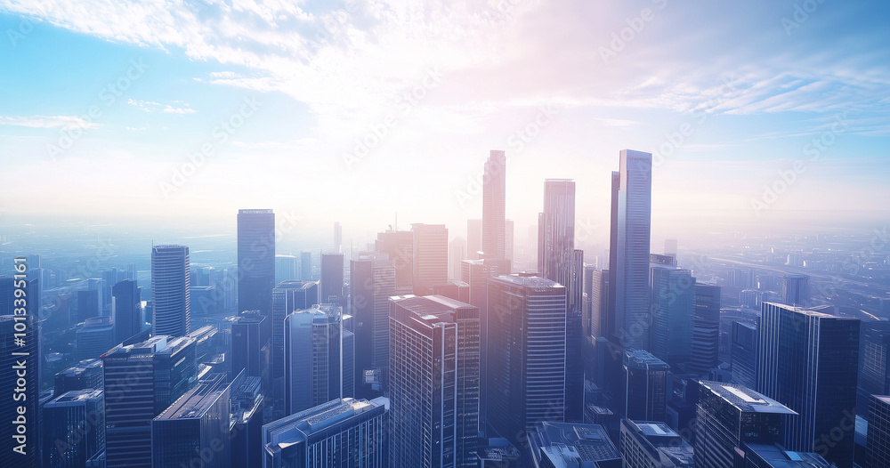 Fototapeta premium Aerial View of City Skyline and Skyscrapers Under Blue Sky and White Clouds