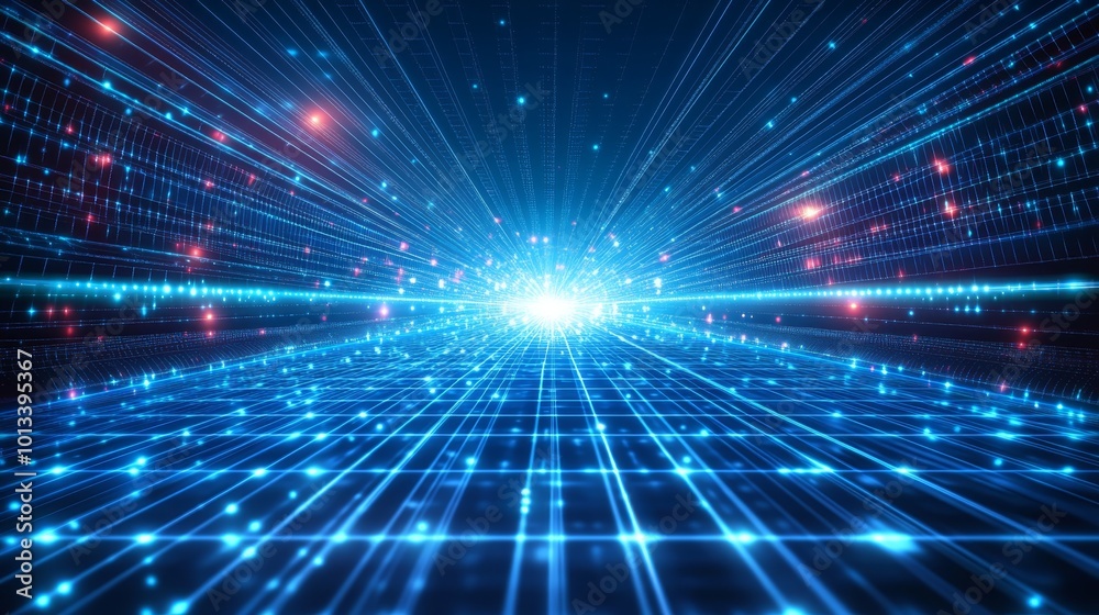 Blue square background with shining light rays, creating an atmosphere of digital technology and futuristic design. Blue square background with shining light rays, creating an atmosphere of digital technology and futuristic design.