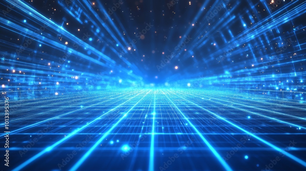 Fototapeta premium digital technology, futuristic design, blue background, shining light rays, tech atmosphere, abstract digital, technology concept, glowing effects, light beams, innovation theme, cyber design, high-te