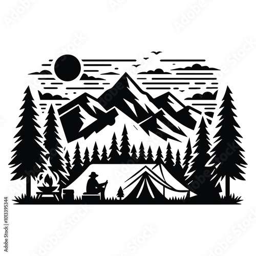 A camping illustration showcasing a tent nestled in front of a towering mountain, capturing the essence of outdoor adventure.