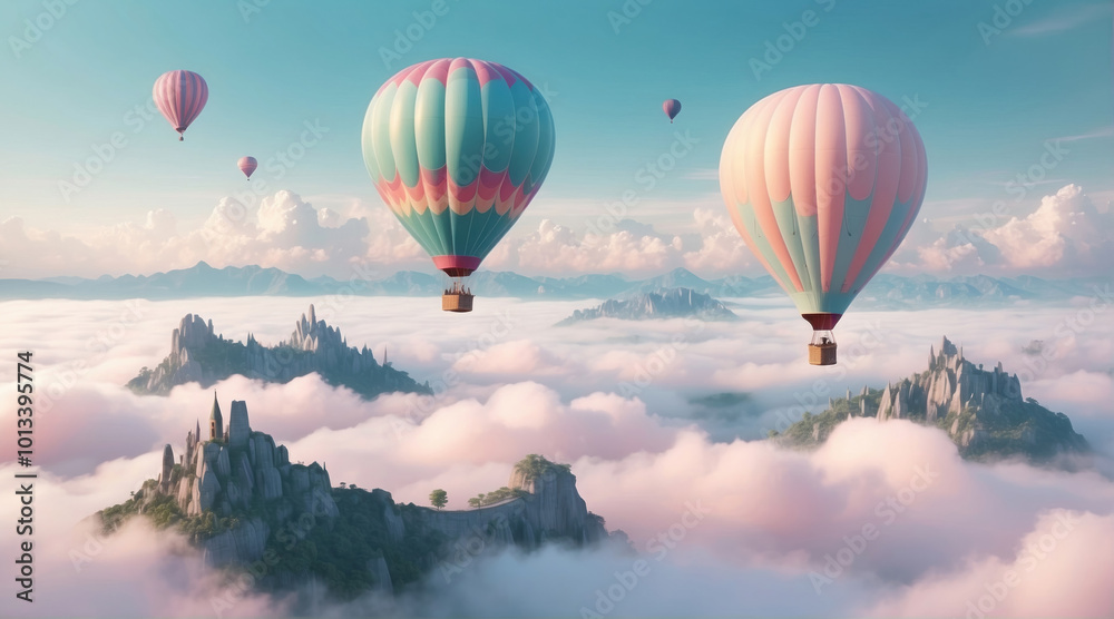 Obraz premium Bright balloons against the backdrop of a fabulous landscape, creating an atmosphere of celebration and magic, filling the frame with joy and color
