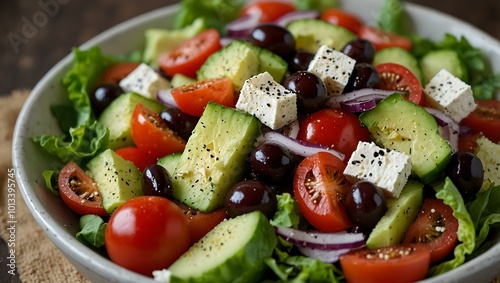 Easy Greek salad recipe with fresh vegetables, cheese, and olives.