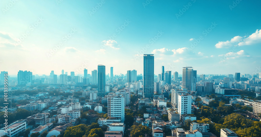 Obraz premium Aerial View of City Skyline and Skyscrapers Under Blue Sky and White Clouds
