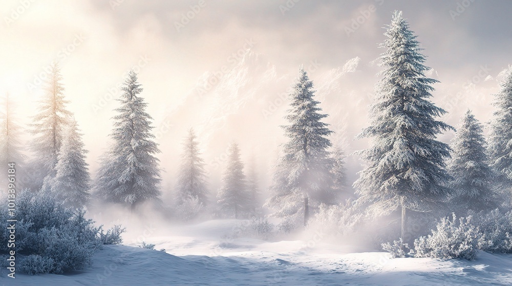 Naklejka premium Serene Winter Landscape with Snow-Covered Trees
