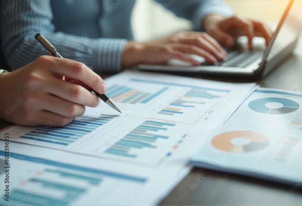 Close-up of hands writing on financial documents with graphs and charts, analyzing business data. Close-up of hands writing on financial documents with graphs and charts, analyzing business data.