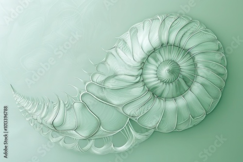 A spiral shell design in intricate line art on a soft seafoam green wall, evoking oceanic calmness.