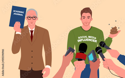 Simple flat cartoon illustration shows that nowadays people trust social media influencers more than experts
