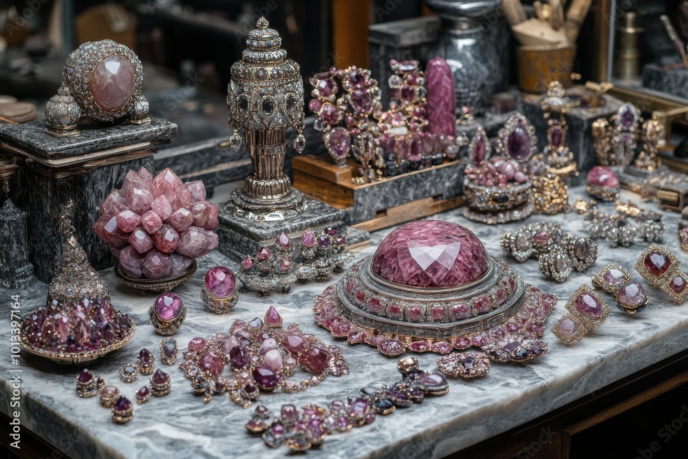 Luxurious Display of Ornate Jewelry with Aesthetic Gemstones on Marble Surface Luxurious Display of Ornate Jewelry with Aesthetic Gemstones on Marble Surface