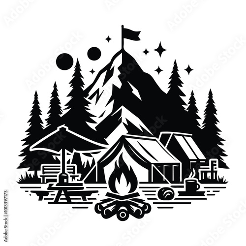 A camping illustration showcasing a tent nestled in front of a towering mountain, capturing the essence of outdoor adventure.