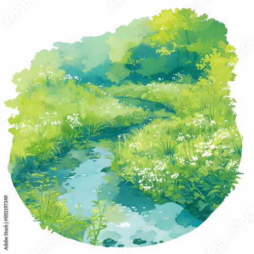 緑の森と小川のある風景　Generative AI