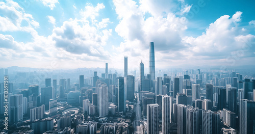 Aerial View of City Skyline and Skyscrapers Under Blue Sky and White Clouds