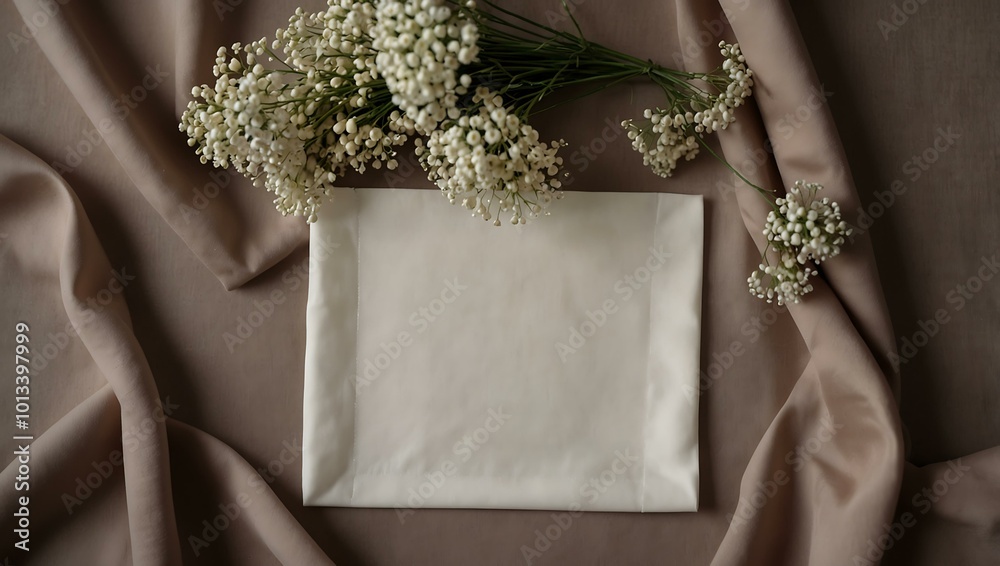 Empty sheet on silky fabric with delicate baby’s breath flowers. Empty sheet on silky fabric with delicate baby’s breath flowers.