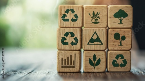 Wooden Blocks with Recycling and Sustainability Icons Representing Environmental Conservation