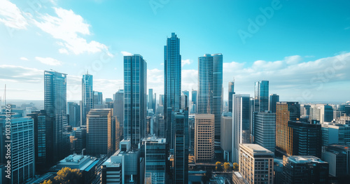 Aerial View of City Skyline and Skyscrapers Under Blue Sky and White Clouds