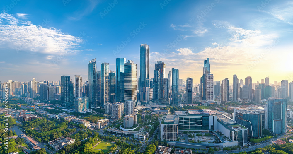 Obraz premium Aerial View of City Skyline and Skyscrapers Under Blue Sky and White Clouds
