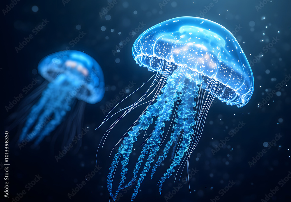 Elegant jellyfish swimming gracefully in deep blue water design. Ethereal and mesmerizing scene perfect for marine and underwater themes design Elegant jellyfish swimming gracefully in deep blue water design. Ethereal and mesmerizing scene perfect for marine and underwater themes design