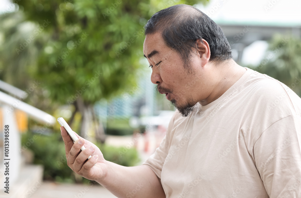 Excited middle aged asian man using smartphone in public outdoor with positive, happy, wow, positive expression Excited middle aged asian man using smartphone in public outdoor with positive, happy, wow, positive expression