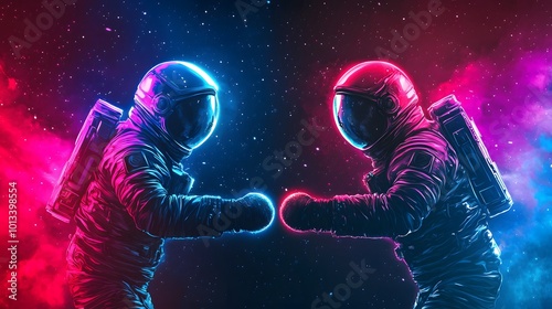 Two astronauts engage in a surreal snowball fight, illuminated by vibrant hues in a cosmic backdrop, creating a playful yet intense atmosphere. Festive Space