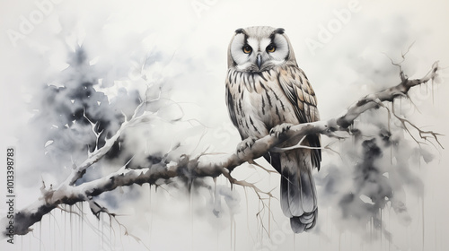 Majestic owl perched on snow covered branch, surrounded by misty winter landscape. intricate details of its feathers and piercing eyes evoke sense of wonder and tranquility.