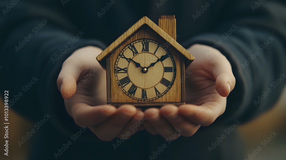 Hands holding a wooden clock with roman numerals Hands holding a wooden clock with roman numerals