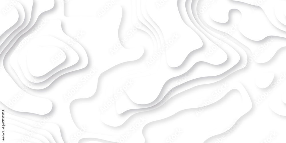 Abstract white paper cut background with lines. Background of the topographic map. White wave paper curved reliefs abstract background. Realistic papercut decoration textured with wavy layers.
Abstract white paper cut background with lines. Background of the topographic map. White wave paper curved reliefs abstract background. Realistic papercut decoration textured with wavy layers.