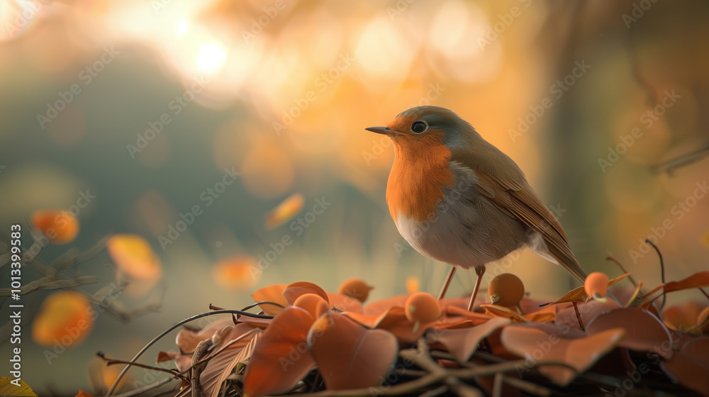 A beautiful bird perched on nest surrounded by autumn leaves, capturing essence of natures tranquility.