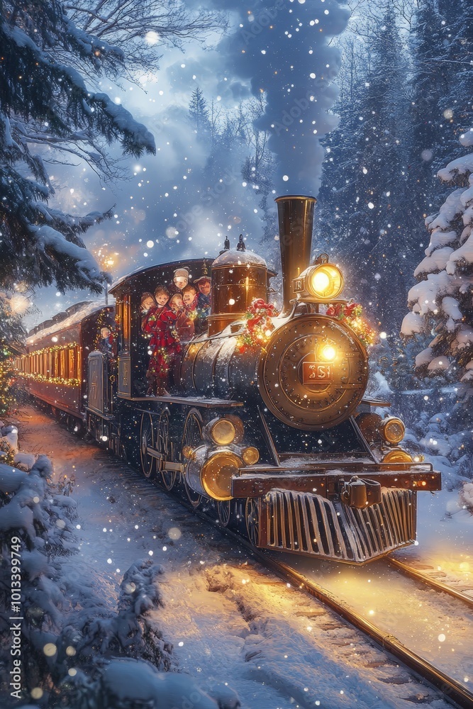 steam engine chugging through a snow-covered forest. The train with twinkling fairy lights