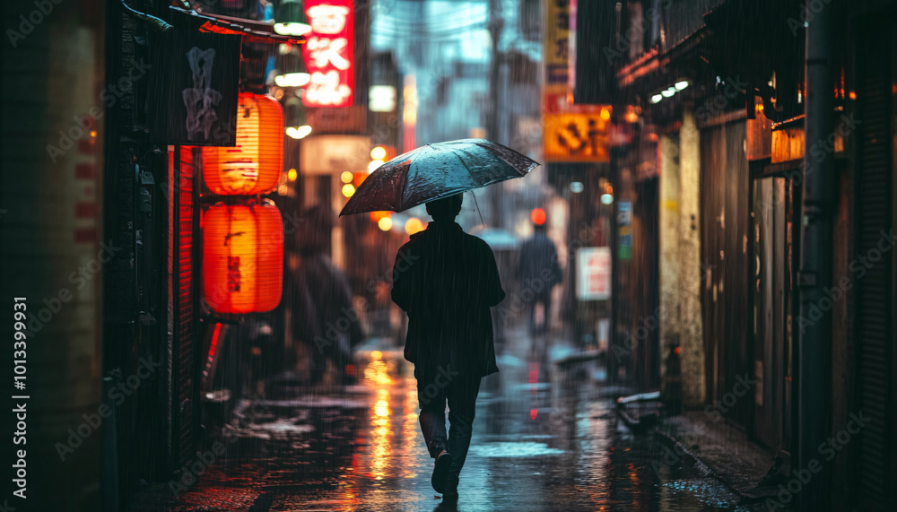 Fototapeta premium Shoot in a narrow alley after a rainstorm, capturing reflections of neon signs or street lamps in the wet pavement, while the person is framed walking away or with their back turned for a cinematic fe