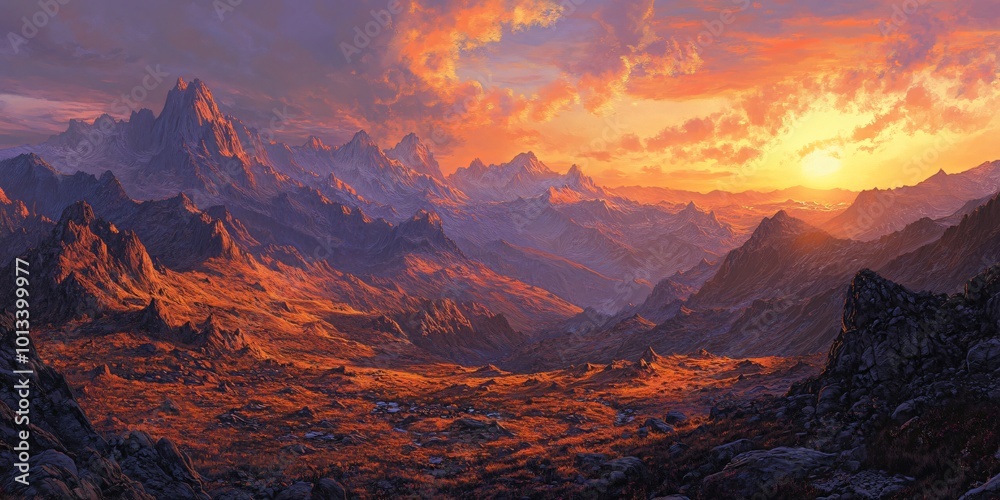 Fototapeta premium A vibrant sunset casts a warm glow over a rugged mountain range, illuminating the peaks and valleys with fiery hues.