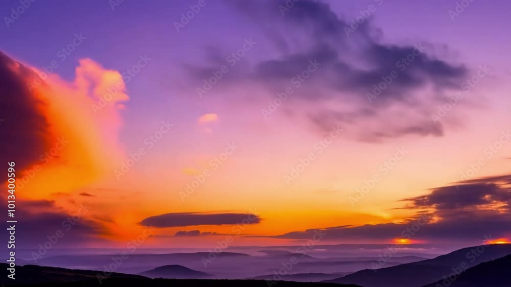 Dramatic Sunset Over Mountains with Purple and Orange Clouds