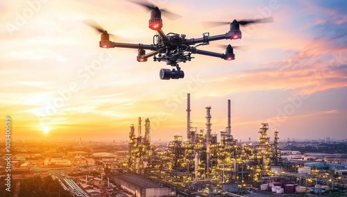 Observing refinery operations at sunrise using a drone, illustrating advanced technology for inspection and monitoring