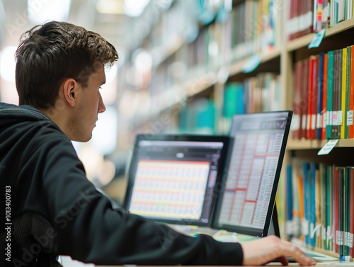 Student Analyzing Data on Computer in Library