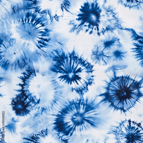 Blue and White Tye Dye, Shibori Floral Shapes, Seamless Pattern Swatch, Loopable Wallpaper, Textile and Fabric Design.