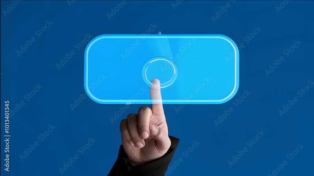 A finger presses a transparent button, symbolizing the beginning of a new stage in the development of technology A finger presses a transparent button, symbolizing the beginning of a new stage in the development of technology