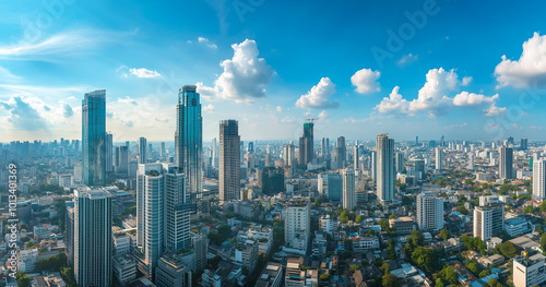 Aerial View of City Skyline and High-Rise Buildings Under Blue Sky and White Clouds