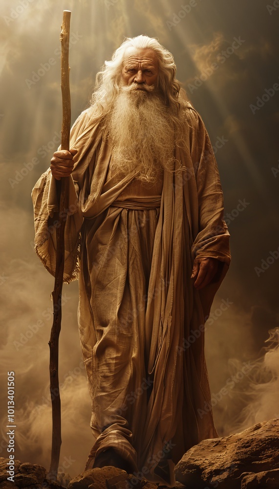 Naklejka premium Cinematic portrait of an elderly man resembling moses, exuding wisdom and spirituality in soft light