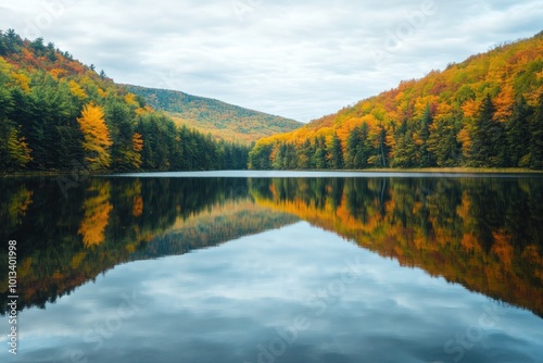 A serene lake with a reflection of surrounding forested hills, showcasing the natural beauty and importance of water conservation.